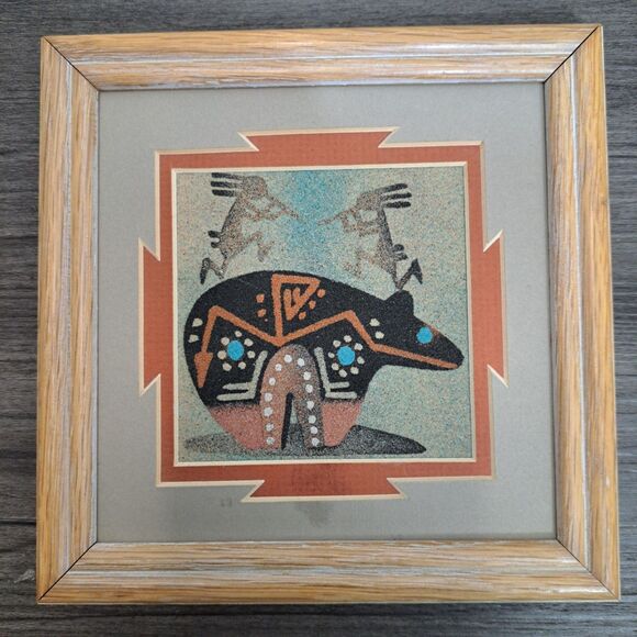 NAVAJO SANDPAINTING Other - AUTHENTIC NAVAJO SANDPAINTING By Virginia Tyler (Bear & Kokopelli) Frame 7” X 7”